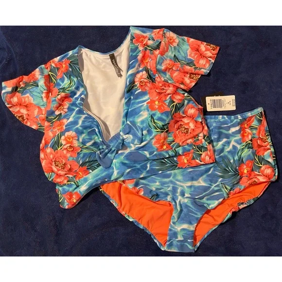 Torrid Blue Water Floral Sleeve and Reversible Swim Brief NWT SZ 1 (14/16) - Picture 6 of 13